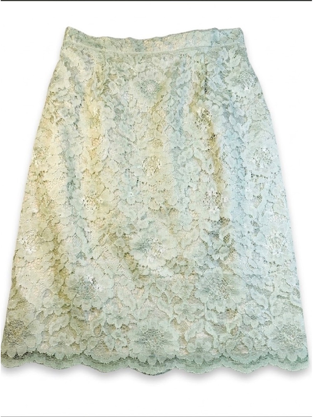 Elegant Sage Green Floral Lace Scalloped Midi Skirt Size 12
